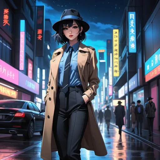 Prompt: Anime illustration full body shot of beautiful woman walking down the street wearing a blue fedora hat,hand in pockets,trenchcoat,matching pants,high-heels,black boots,shirt,tie,detailed,black hair,pale skin,dark metalhead makeup,short haircut, mohawk,half mohawk,detailed eyes,focused gaze, shy smile,tokyo night setting,neon lights,street view,dark colors,best quality, highres, ultra-detailed, anime, cool tones, detailed hair, futuristic, professional, atmospheric lighting