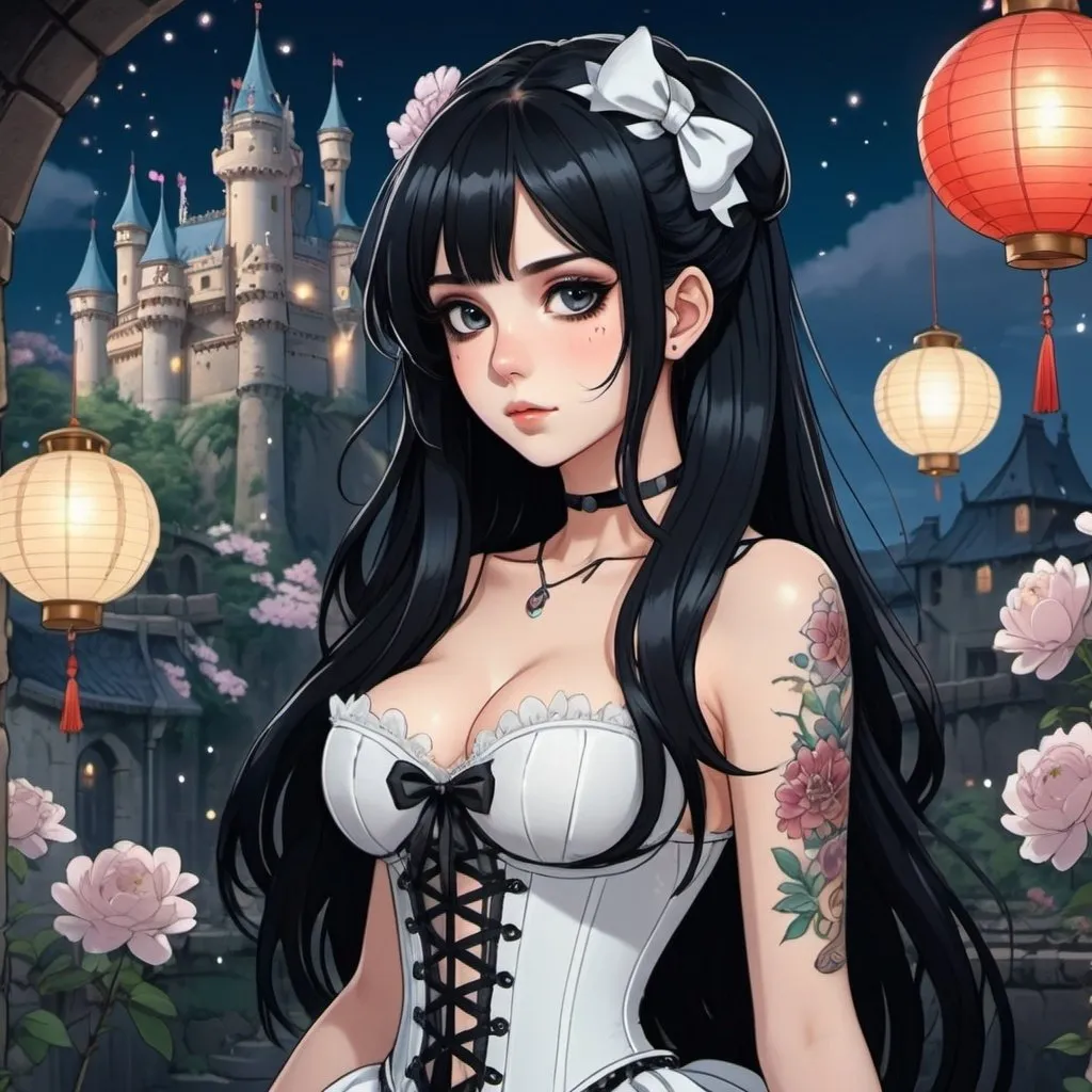 Prompt: 2d studio ghibli anime style,beautiful woman,long black hair,hair ribbon.goth makeup,tattooes, wearing white corset-dress,fantasy castle,flowers,lanterns,sparkling, showing bum. anime scene