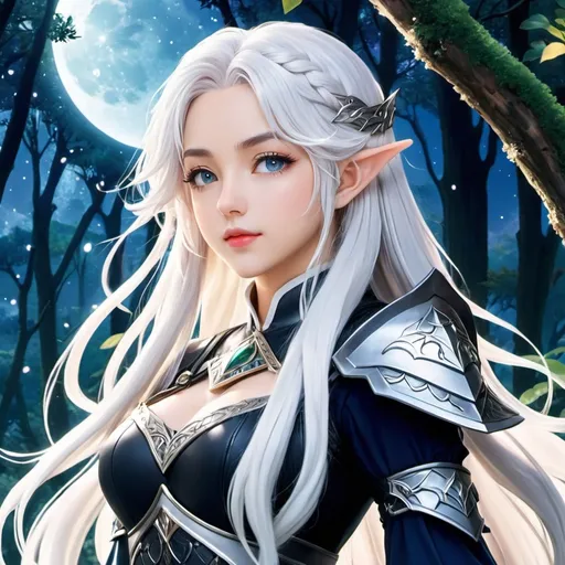 Prompt: 90's anime illustration low-angle; panoramic, zoomed out, full body view anime, open wavy hair, white hair, icy eyes, braids, elf woman in elven armour, cute aesthetic, dark eyeliner, tinted rosy lips, moonlit enchanted forest,Anime Key Visual, Japanese Manga, Pixiv, Zerochan, Anime art