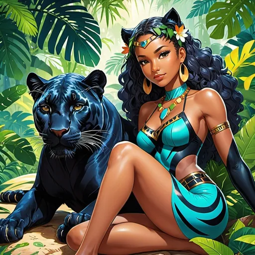 Prompt: Anime illustration of amazonian woman resting next to a black panther, panthers claws digging into her exposed skin, beautiful jungle,cute pose,outdoor, colorful, happy and cheerful, vibrant, detailed hair and outfit, high quality, anime, colorful, cheerful, detailed character design, professional, atmospheric lighting