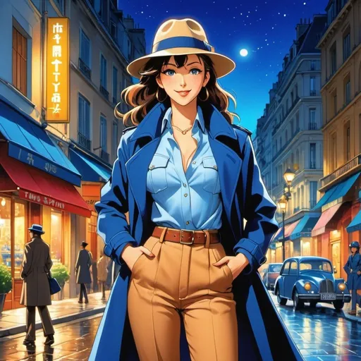 Prompt: 90's anime illustration of detective woman standing in parisian street night,wearing a blue fedora and trenchcoat,unbuttoned shirt,cleavage,happy and cheerful, vibrant, detailed hair and outfit, high quality, anime, colorful, cheerful, indoor setting, detailed character design, professional, atmospheric lighting, anime art style, tenchi muyo anime,