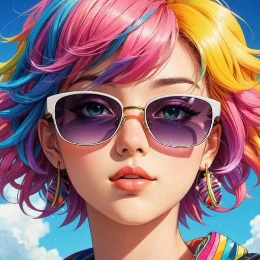 Prompt: Anime illustration extreme close up of eys,sunglasses, retro vintage anime,multi colored hair, dramatic pose, intricate face expressions detail colorful, vibrant, detailed hair, high quality, anime, professional, atmospheric lighting