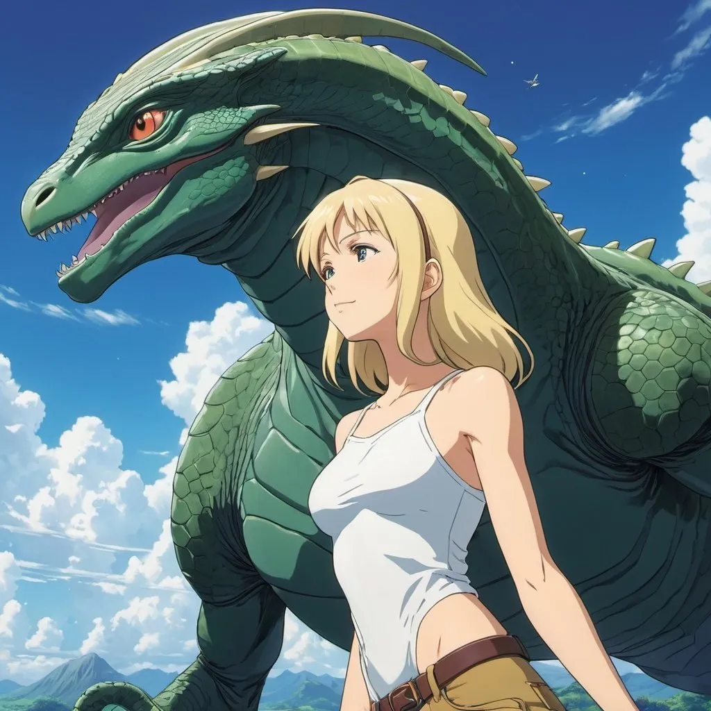 Prompt: 2d studio ghibli anime style, low-angle; panoramic, zoomed out, full body view of tall alien female reptilian alien carrying a beautiful blonde human woman in her arms,intertwined, intermixing into a single body they look at eachother,dark creepy alien planet setting, all rendered with (ultra-detailed realism) that emphasizes the (cool tone) of the composition,Anime Key Visual, Japanese Manga, Pixiv, Zerochan, Anime art