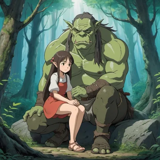 Prompt: 2d studio ghibli anime style,full body shot of strong orc female and smaller human female embracing human girl,sitting down in enchanted forest