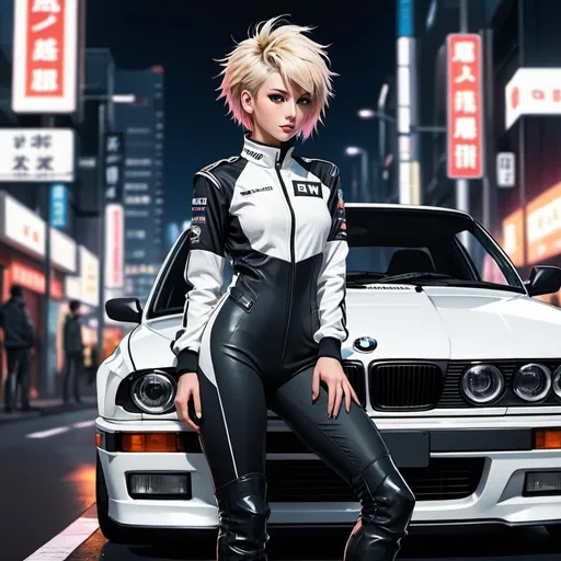 Prompt: Anime illustration of full body shot,low angle, beautiful woman leaning against a white bmw e30 wearing ,high-heels,black boots,detailed,racesuit,pale skin,dark metalhead makeup,short haircut, mohawk,half mohawk,detailed eyes,focused gaze, shy smile,tokyo night setting,neon lights,street view,dark colors,best quality, highres, ultra-detailed, anime, cool tones, detailed hair, futuristic, professional, atmospheric lighting
