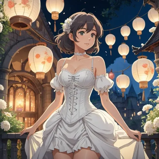 Prompt: 2d studio ghibli anime style,beautiful woman wearing white corset-dress,fantasy castle,flowers,lanterns,sparkling, showing bum. anime scene