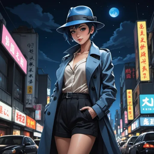 Prompt: An (((Anime illustration))) (((full body shot))) from a low angle featuring a (((beautiful woman))), clad in a sophisticated ((blue fedora hat)), her hands casually resting in her pockets, a (((tailored trenchcoat))), pair of ((matching pants)), elegant high heels, and sleek black boots, all framed against a backdrop of Tokyo's (((night sky))) with its vibrant neon lights and street view, giving off a (professional yet atmospheric) ambiance. The woman exudes a (shy smile) and a focused gaze, with intricate details that draw attention to her (anime-inspired, short haircut mohawk) and half mohawk, complemented by striking, detailed eyes that convey a sense of sophistication and composure