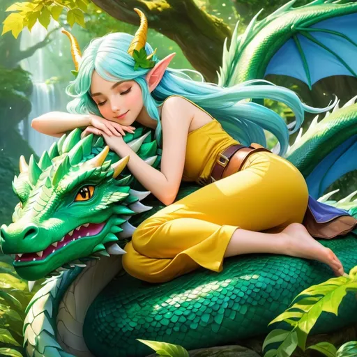 Prompt: Anime illustration of elf woman laying resting on a dragons head sleeping her hair flowing down, besutiful enchanted forest,cute pose,outdoor, colorful, happy and cheerful, vibrant, detailed hair and outfit, high quality, anime, colorful, cheerful, indoor, detailed character design, professional, atmospheric lighting