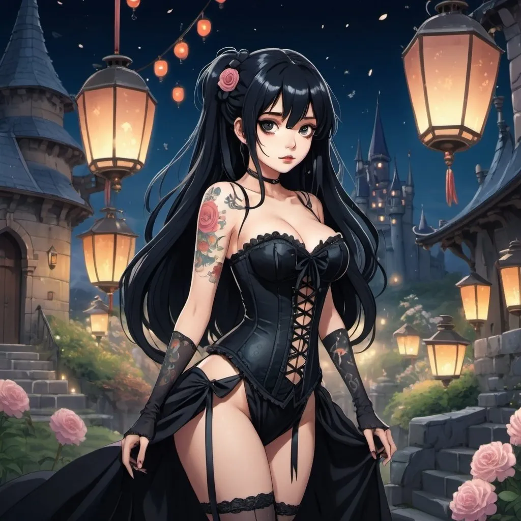 Prompt: 2d studio ghibli anime style,full body view,beautiful woman,long black hair,hair ribbon,goth makeup,tattooes, wearing black corset-dress,fantasy castle,cute pose,flowers,lanterns,sparkling, showing bum. anime scene