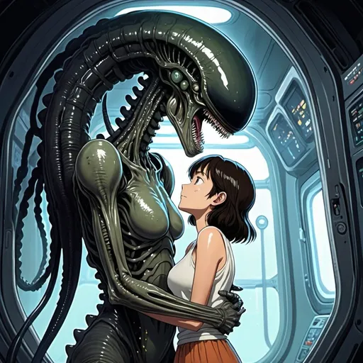 Prompt: 2d studio ghibli anime style,tall alien female xenomorph carrying a beautiful human woman in her arms,they look at eachother,spaceship interior,cute face, detailed background,perfect composition,  detailed eyes, curious gaze,aliens,tentacles,love,horror,slimy,anime scene