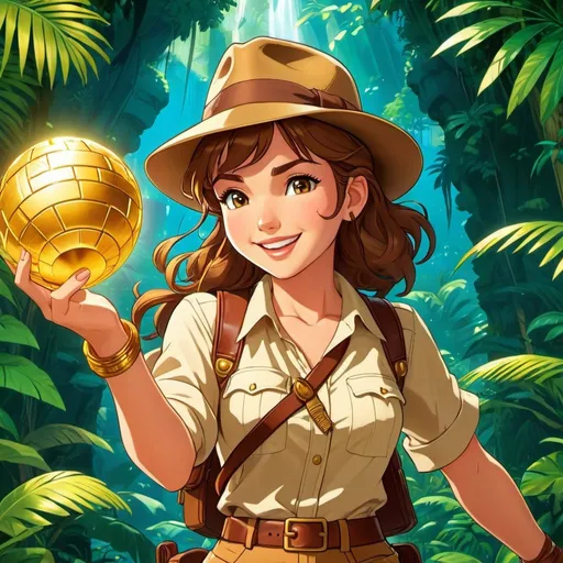 Prompt: Anime illustration of a young beautiful female adventurer Indiana jones finding a gold figurine, happy and cheerful, vibrant, detailed hair and outfit, high quality, anime, colorful, cheerful, jungle temple, detailed character design, professional, atmospheric lighting