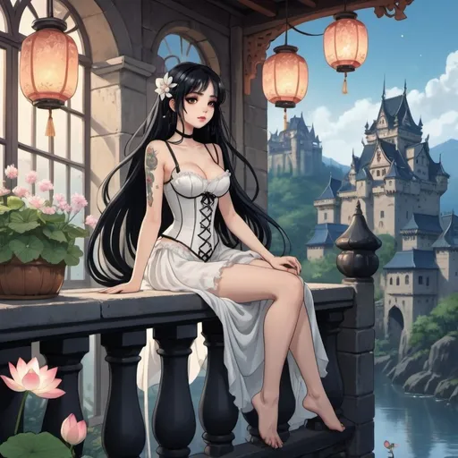 Prompt: 2d studio ghibli anime style,full body view,beautiful woman,sitting on balcony railing,lotus position,long black hair,hair ribbon,goth makeup,tattooes, wearing white corset-dress,fantasy castle,cute pose,flowers,lanterns,sparkling, showing bum. anime scene