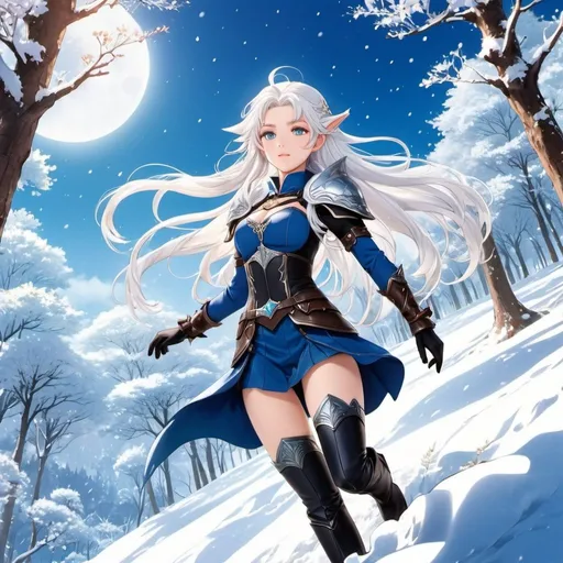 Prompt: 90's anime illustration low-angle; panoramic, zoomed out, full body view anime,open wavy hair, white hair, icy blue eyes, braids, jumping elf woman in elven armour, thigh-high boots,cute aesthetic, dark eyeliner, tinted rosy lips, moonlit enchanted winter forest,snowfall,Anime Key Visual, Japanese Manga, Pixiv, Zerochan, Anime art