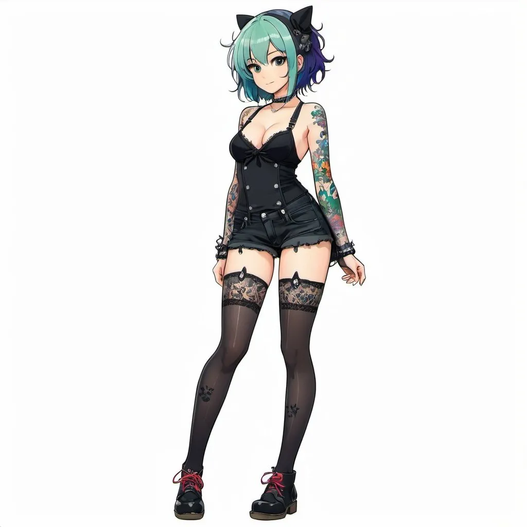 Prompt: 2d studio ghibli anime style, anime scene, cute punk woman,wearing black lace lingerine ,stockings,multicolored hair,dark eyeliner,full body tattooes,cute pose, standing up full body view,white background