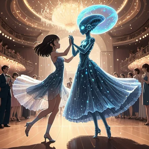 Prompt: 2d studio ghibli anime style, alien female dancing with a beautiful human woman wearing sparkling dress,ballroom