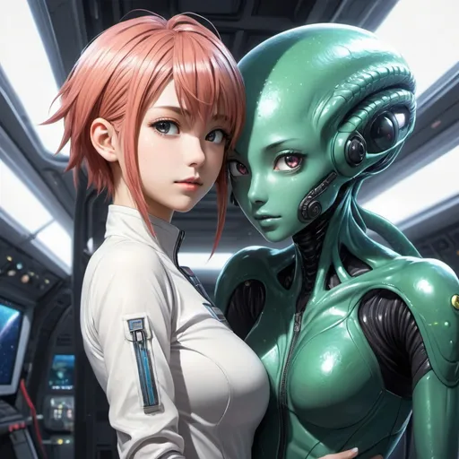 Prompt: anime illustration of tall alien female monster carrying a beautiful human woman in her arms,they look at eachother,spaceship interior,cute face, detailed background,perfect composition, hyperrealistic, super detailed,short haircut,mohawk,half mohawk, detailed eyes, loving gaze,high-tech gear, casual clothes,stockings,best quality, aliens,tentacles,love,horror,slimy,highres, ultra-detailed, anime, cool tones, detailed hair, professional, atmospheric lighting