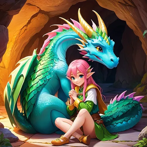 Prompt: Anime illustration a elf woman sitting on the floor hugging an cute dragon,cave, colorful, happy and cheerful, vibrant, detailed hair and outfit, high quality, anime, colorful, cheerful, indoor setting, detailed character design, professional, atmospheric lighting