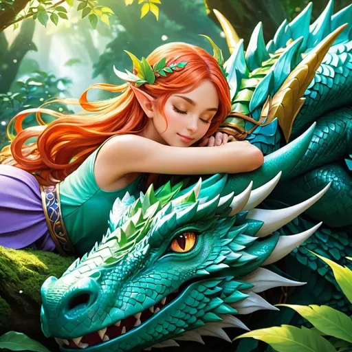 Prompt: Anime illustration of elf woman warrior laying resting on a dragons head sleeping her hair flowing down, beautiful enchanted forest,cute pose,outdoor, colorful, happy and cheerful, vibrant, detailed hair and outfit, high quality, anime, colorful, cheerful, indoor, detailed character design, professional, atmospheric lighting