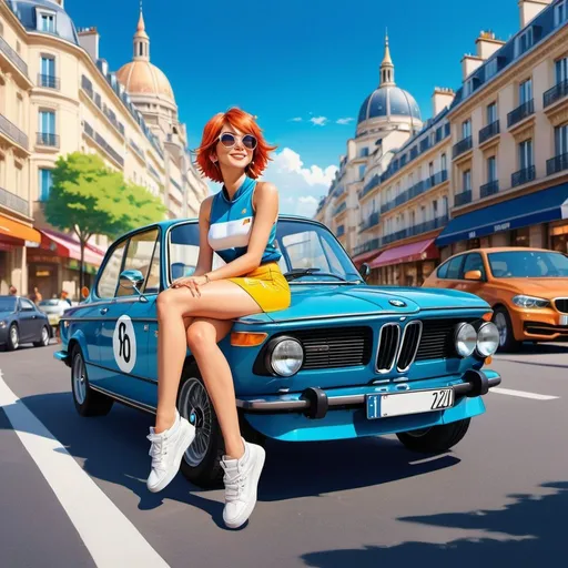 Prompt: Anime illustration of a young, attractive woman,multicolored hair,sunglasses,racesuit,sitting on top of a bmw 2002,cute pose,brightly lit road, colorful city lights,parisian street,1970,summertime, happy and cheerful, vibrant, detailed hair and outfit, high quality, anime, colorful, cheerful, urban setting, detailed character design, professional, atmospheric lighting