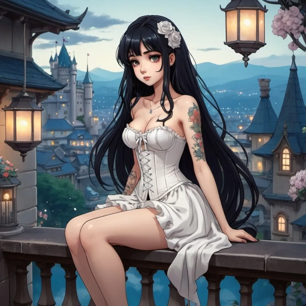 Prompt: 2d studio ghibli anime style,full body view,beautiful woman,sitting on balcony railing,long black hair,hair ribbon,goth makeup,tattooes, wearing white corset-dress,fantasy castle,cute pose,flowers,lanterns,sparkling, showing bum. anime scene