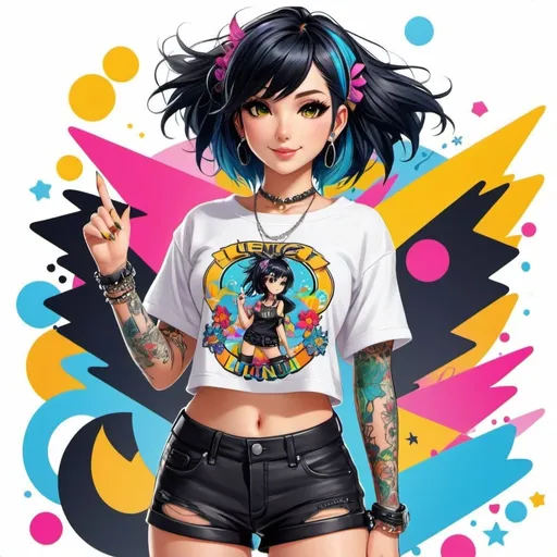 Prompt: Anime illustration cute punk woman,black hair,dark eyeliner,full body tattooes,cute pose, colorful, happy and cheerful, vibrant, detailed hair and outfit, high quality, anime, colorful, cheerful, detailed character design, professional, linux,archlinux crop-top,atmospheric lighting, white background