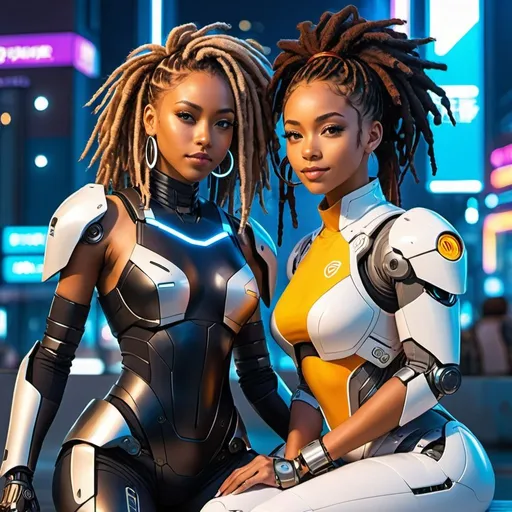 Prompt: Anime illustration of a young, attractive black woman,dreadlocks,amazonian body,wearing futuristic clothes sitting next to female robot standing behind holding her,mechsuit, dystopian megatokyo setting, night, vibrant, detailed hair and outfit, high quality, anime, colorful, cheerful, urban setting, detailed character design, professional, atmospheric lighting