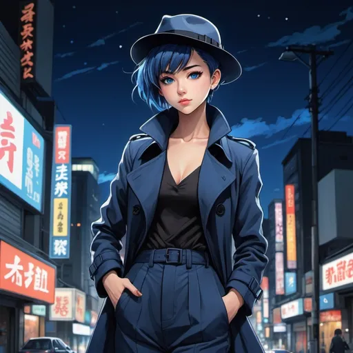 Prompt: An (((Anime illustration))) (((full body shot))) from a low angle featuring a (((beautiful woman))), clad in a sophisticated ((blue fedora hat)), (((tailored trenchcoat))), pair of ((matching pants)), all framed against a backdrop of Tokyo's (((night sky))) with its vibrant neon lights and street view, giving off a (professional yet atmospheric) ambiance. The woman exudes a (shy smile) and a focused gaze, with intricate details that draw attention to her (anime-inspired, short haircut mohawk) and half mohawk, complemented by striking, detailed eyes that convey a sense of sophistication and composure