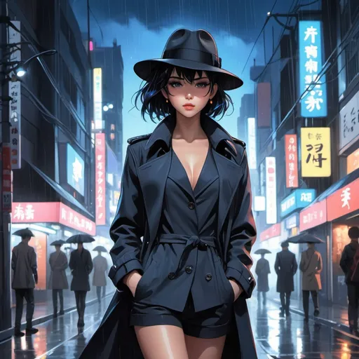 Prompt: Anime illustration of beautiful woman walking down the street wearing a blue fedora hat,hand in pockets,trenchcoat,matching pants,high-heel black boots,shirt,tie,detailed,black hair,pale skin,dark metalhead makeup,short haircut, mohawk,half mohawk,detailed eyes,focused gaze, shy smile,tokyo night setting,neon lights,street view,rain,dark colors,best quality, highres, ultra-detailed, anime, cool tones, detailed hair, futuristic, professional, atmospheric lighting