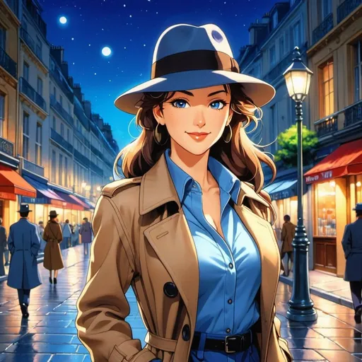 Prompt: 90's anime illustration of detective woman standing in parisian street night,wearing a blue fedora and trenchcoat,unbuttoned shirt,cleavage,happy and cheerful, vibrant, detailed hair and outfit, high quality, anime, colorful, cheerful, indoor setting, detailed character design, professional, atmospheric lighting, anime art style, tenchi muyo anime,