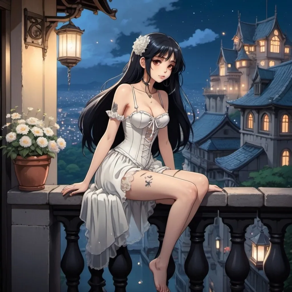 Prompt: 2d studio ghibli anime style,full body view,beautiful woman,sitting on balcony railing,feet dangling,bare feet,long black hair,hair ribbon,goth makeup,tattooes, wearing white corset-dress,fantasy castle,cute pose,flowers,lanterns,sparkling, showing bum. anime scene