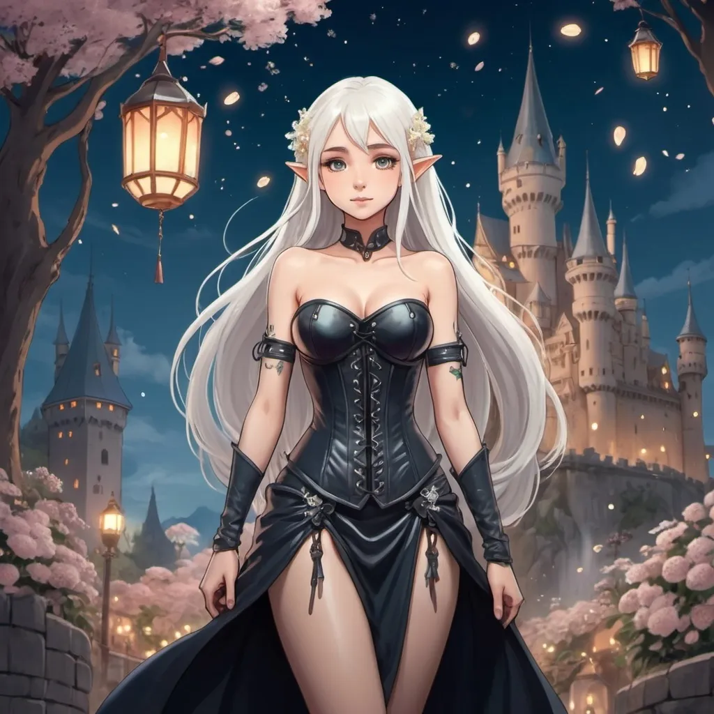 Prompt: 2d studio ghibli anime style,full body view,beautiful elf woman,long white hair,tattooes, wearing leather corset-dress,fantasy castle,cute pose,flowers,lanterns,sparkling,,anime scene