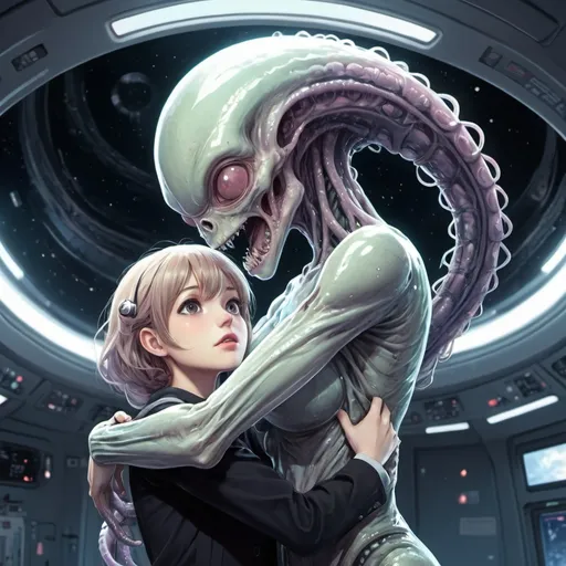 Prompt: anime illustration of tall alien female monster carrying a beautiful human woman in her arms,they look at eachother,spaceship interior,cute face, detailed background,perfect composition, hyperrealistic, super detailed,shiny hair, detailed eyes, curious gaze,high-tech gear, casual clothes,stockings,best quality, aliens,tentacles,love,horror,slimy,highres, ultra-detailed, anime, cool tones, detailed hair, professional, atmospheric lighting
