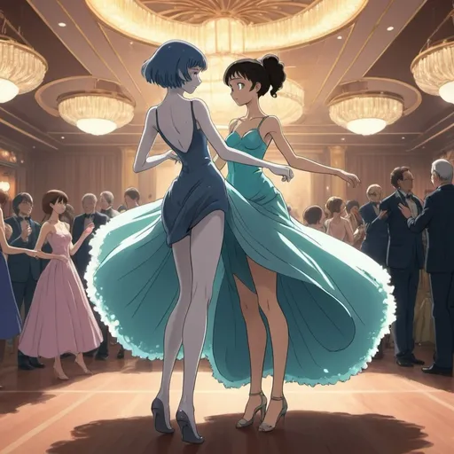 Prompt: 2d studio ghibli anime style, full body shot of tall beautiful female alien dancing with a beautiful human woman wearing cocktail dress,ballroom