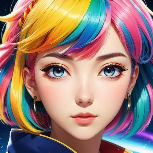 Prompt: Anime illustration extreme close up of eys,retro vintage anime,multi colored hair, dramatic pose,colorful, vibrant, detailed hair, high quality, anime, professional, atmospheric lighting