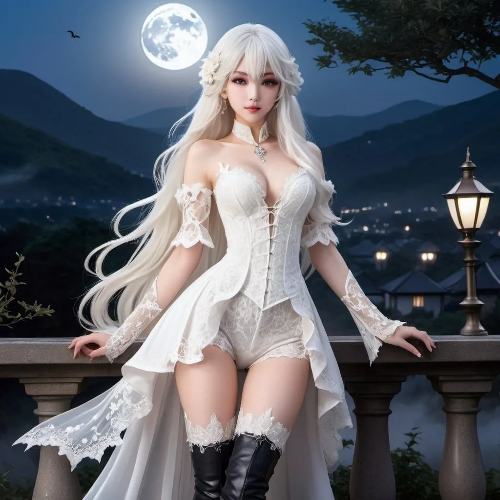 Prompt: A (((beautiful anime vampire girl))) dressed in (((thin, intricate lace clothes))), her hair is (((white))), with flowing locks and long, pointed bangs, accented by elegant (((thigh-high boots))), her complexion is (pale), with delicate details around her eyes, set against a (((duskily lit outdoor scene))) with a (((full moon))) and a (((misty backdrop))), suggesting a sense of mystery and the supernatural