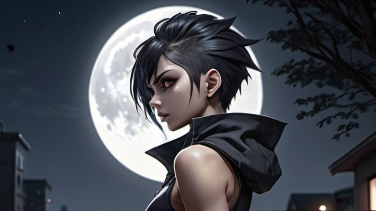 Prompt: Anime illustration of vampire girl,fit body,abs,detailed,dark hair,short haircut,Mohawk, half Mohawk,detailed eyes, intense and focused gaze, outdoor setting, moonlight, dark grey colors,best quality, highres, ultra-detailed, anime, cool tones, detailed hair, futuristic, professional, atmospheric lighting