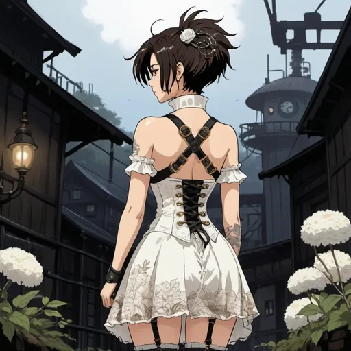 Prompt: 2d studio ghibli anime style,A (((beautiful woman))) facing away from the viewer, with short hair styled into a (((mohawk))), half of which is pulled back as a side braid, dressed in a (((white floral steampunk dress))), accessorizing with a sleek black body harness and fishnet stockings, all against a (((dark outdoor setting))),anime scene