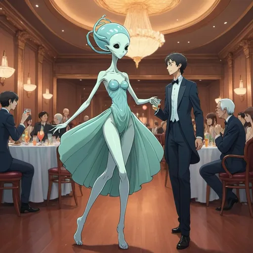 Prompt: 2d studio ghibli anime style, tall slender alien female dancing with a beautiful human woman wearing cocktail dress,ballroom