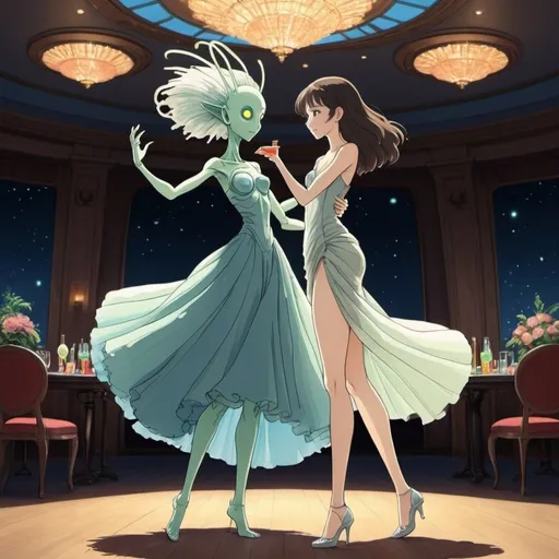 Prompt: 2d studio ghibli anime style, full body shot of tall beautiful female alien dancing with a beautiful human woman wearing cocktail dress,ballroom
