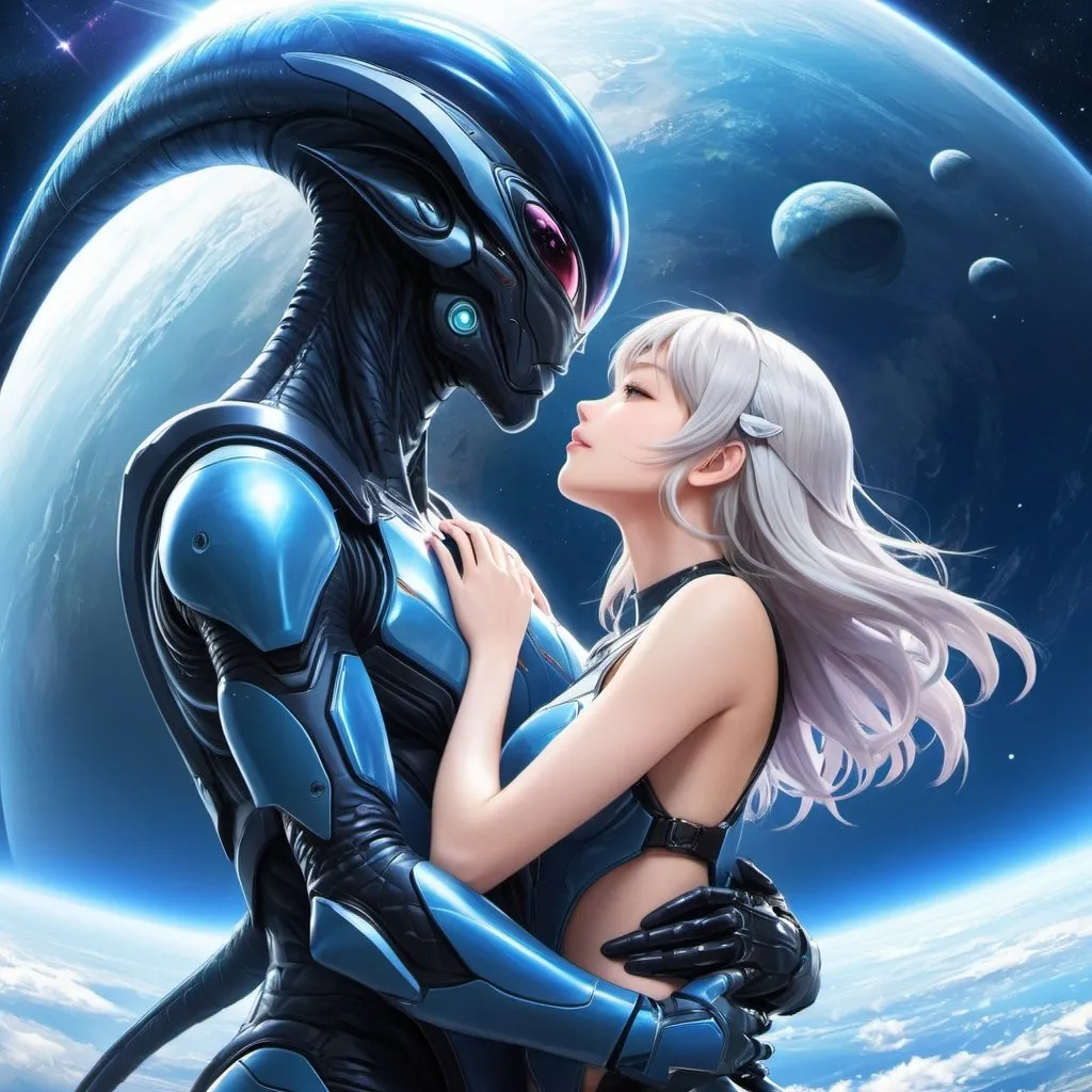 Prompt: anime illustration of tall alien female monster carrying a beautiful human woman in her arms,they look at eachother,kissing,spaceship interior,, all rendered with (ultra-detailed realism) that emphasizes the (cool tone) of the composition,Anime Key Visual, Japanese Manga, Pixiv, Zerochan, Anime art