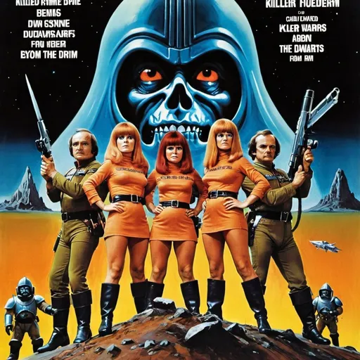 Prompt: Movie poster of 1970s movie called killer Female dwarfs from beyond the outer rim 