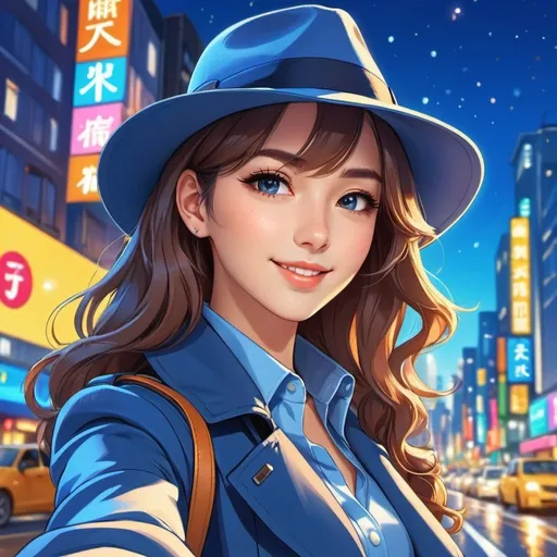 Prompt: Anime illustration of a young, attractive woman,wearing s blue fedora,matching trenchcoat taking a selfie,cute pose,brightly lit road, colorful city lights, happy and cheerful, vibrant, detailed hair and outfit, high quality, anime, colorful, cheerful, urban setting, detailed character design, professional, atmospheric lighting