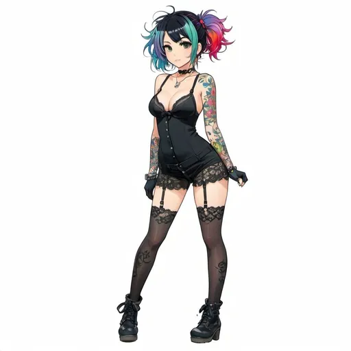 Prompt: 2d studio ghibli anime style, anime scene, cute punk woman,wearing black lace lingerine ,stockings,multicolored hair,dark eyeliner,full body tattooes,cute pose, standing up full body view,white background