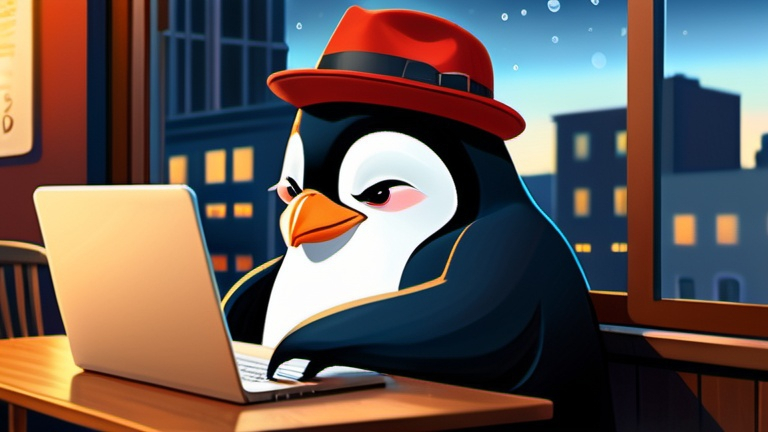 Prompt: Prompt
Disney pixar illustration of a penguin wearing a red fedora hat sitting at a table working on his thinkpad laptop in a cozy café,beautiful big eyes, maximum cuteness, lovely, adorable, beautiful, flawless, masterpiece,cityscape outside,rain,window,night city,neon,puddles, typing on a laptop,linux,arch linux,debian,perfect composition, hyperrealistic,best quality, highres, ultra-detailed, cool tones,professional, dark sky,dark colors,atmospheric lighting
