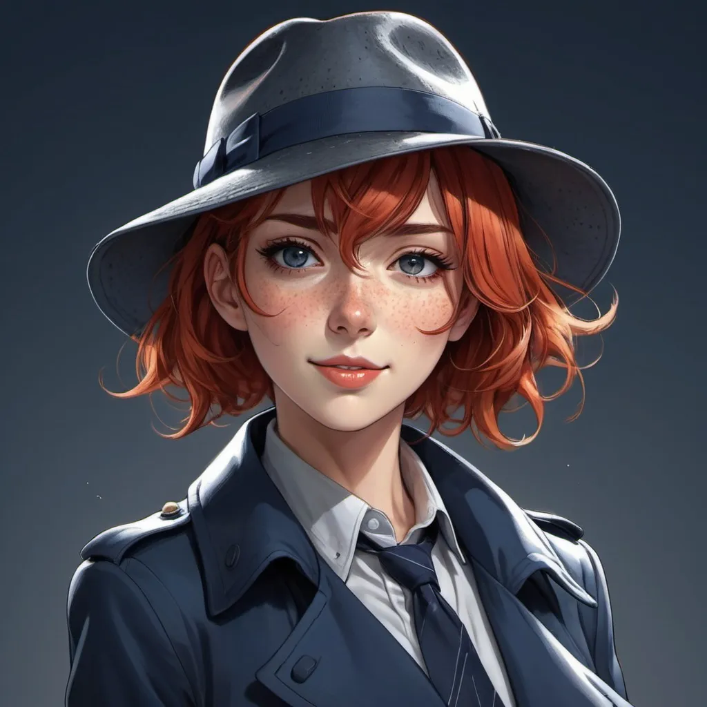 Prompt: Anime illustration of beautiful woman wearing a dark blue fedora tipping her hat and winks,trenchcoat,shirt,tie,detailed,red hair,freckles,short haircut, detailed eyes,cheerful gaze, dark grey background, dark colors,best quality, highres, ultra-detailed, anime, cool tones, detailed hair, futuristic, professional, atmospheric lighting