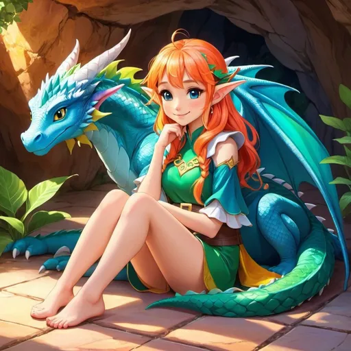 Prompt: Anime illustration a elf woman sitting on the floor hugging an cute dragon,cave, colorful, happy and cheerful, vibrant, detailed hair and outfit, high quality, anime, colorful, cheerful, indoor setting, detailed character design, professional, atmospheric lighting