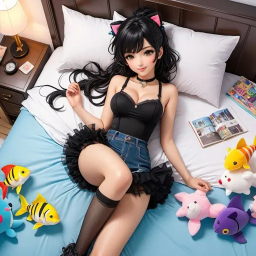 Prompt: Top down view from above Anime illustration cute punk woman,black hair,black lingeringe,garter,fishnet stocknings,dark eyeliner, laying spread out on large bed with cute plushies,cute pose,bedroom, colorful, happy and cheerful, vibrant, detailed hair and outfit, high quality, anime, colorful, cheerful, indoor setting, detailed character design, professional, atmospheric lighting