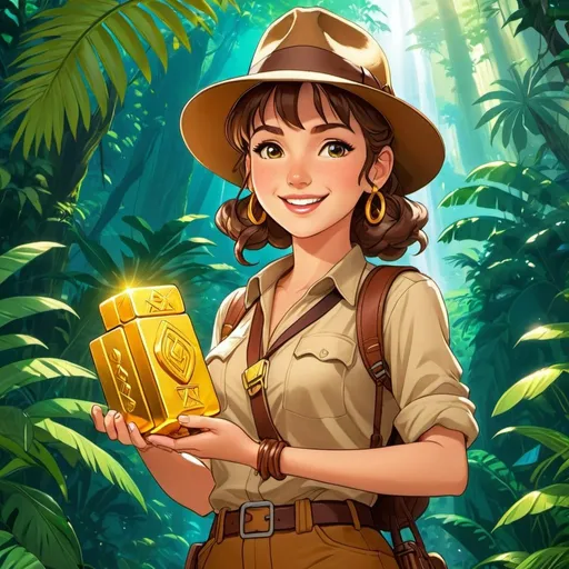 Prompt: Anime illustration of a young beautiful female adventurer Indiana jones finding a gold figurine, happy and cheerful, vibrant, detailed hair and outfit, high quality, anime, colorful, cheerful, jungle temple, detailed character design, professional, atmospheric lighting