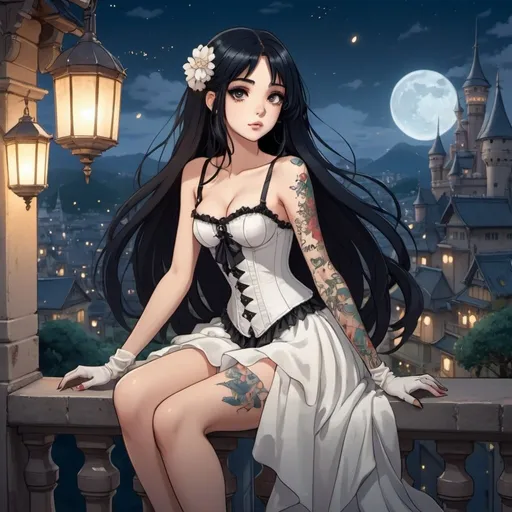 Prompt: 2d studio ghibli anime style,full body view,beautiful woman,sitting on balcony railing,long black hair,hair ribbon,goth makeup,tattooes, wearing white corset-dress,fantasy castle,cute pose,flowers,lanterns,sparkling, showing bum. anime scene