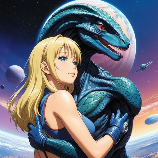 Prompt: 90's anime illustration low-angle; panoramic, zoomed out, full body view of tall alien female reptilian alien carrying a beautiful blonde human woman in her arms,intertwined, intermixing into a single body they look at eachother,dark creepy alien planet setting, all rendered with (ultra-detailed realism) that emphasizes the (cool tone) of the composition,Anime Key Visual, Japanese Manga, Pixiv, Zerochan, Anime art